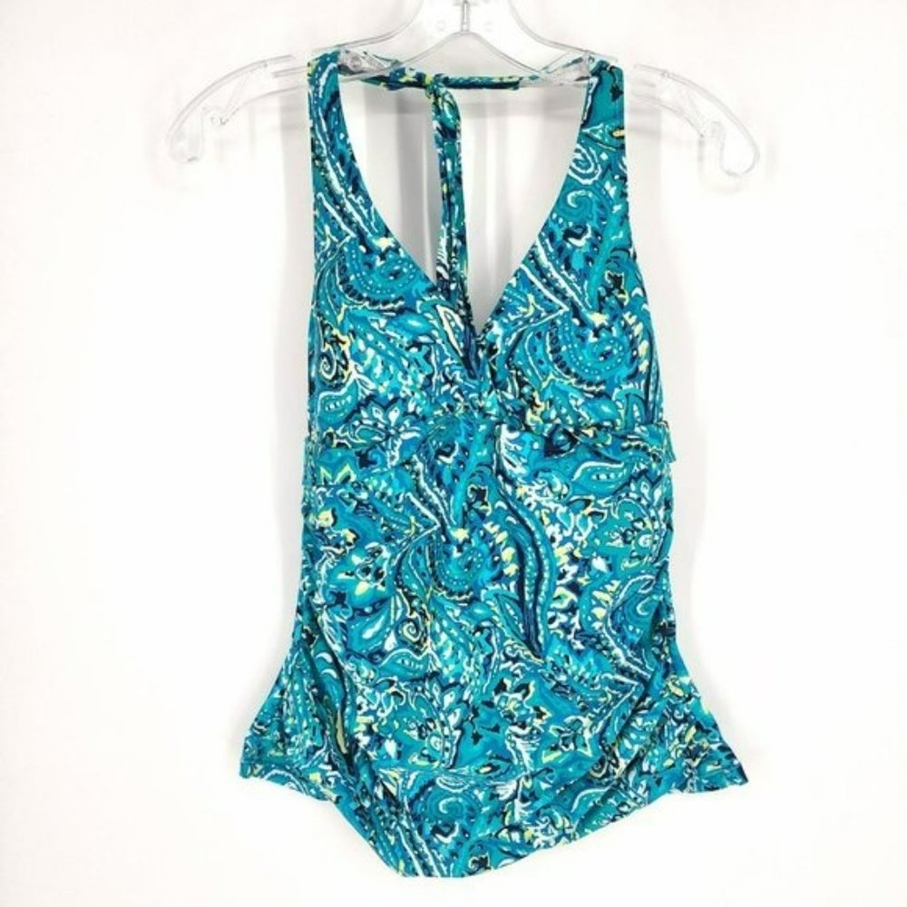 Chaps 12 Blue Green Yellow Abstract Paisley Neck Tie Padded Tankini Swimsuit Top - Picture 11 of 11